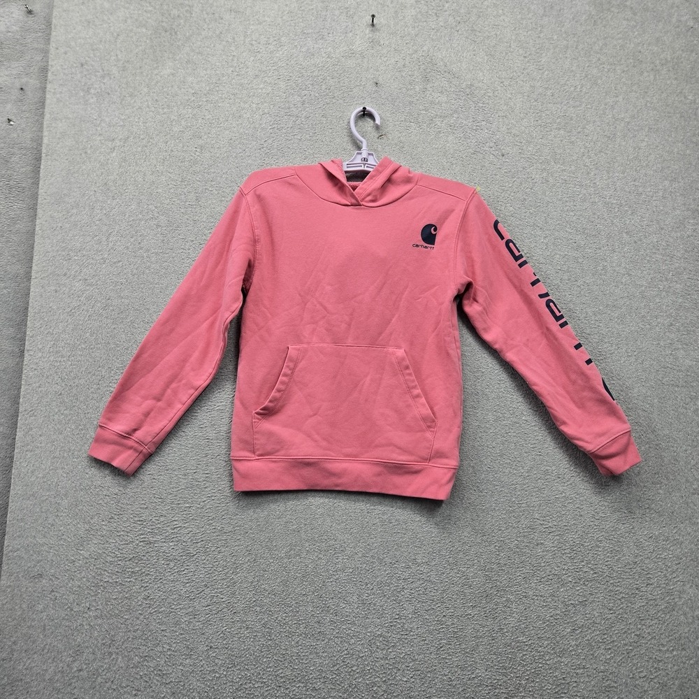 Carhartt Girls Hoodie M Pink Fleece Logo Spellout Graphic Print Fleece Pullover